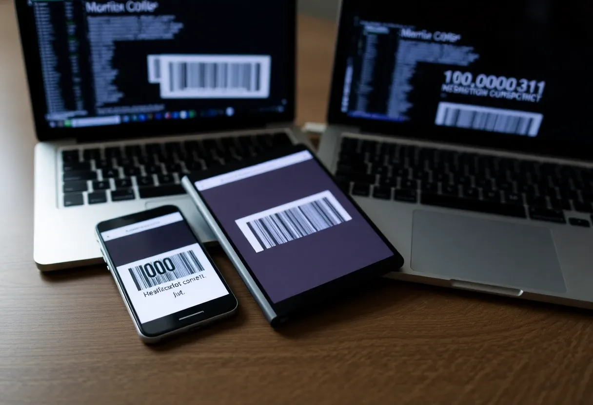a phone, laptop and tablet on a table displaying similar code.