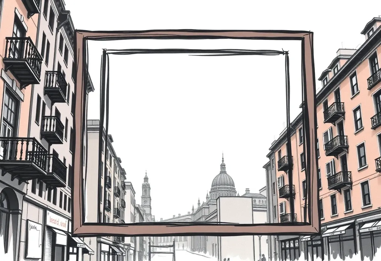 a picture frame floating above a city sketch artstyle