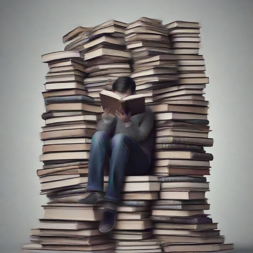 a pile of books and someone reading on top of them