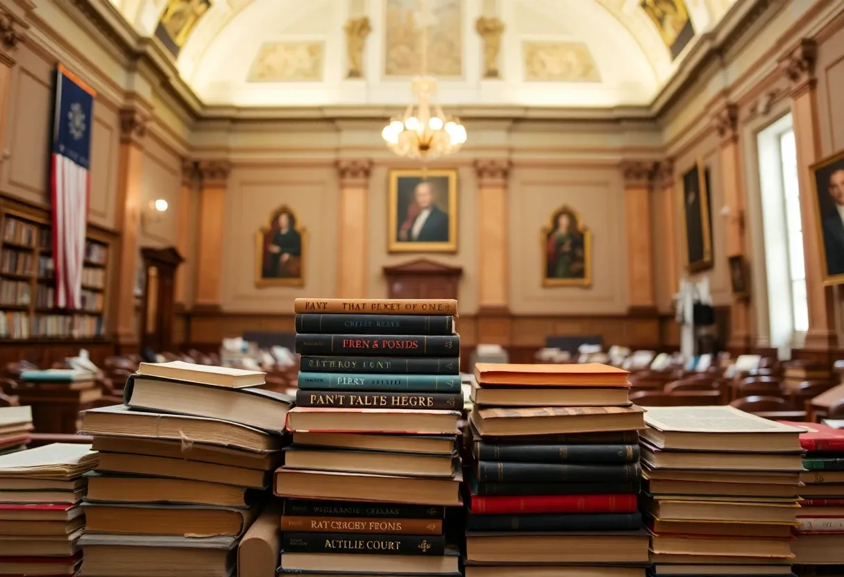 a pile of books in a court room