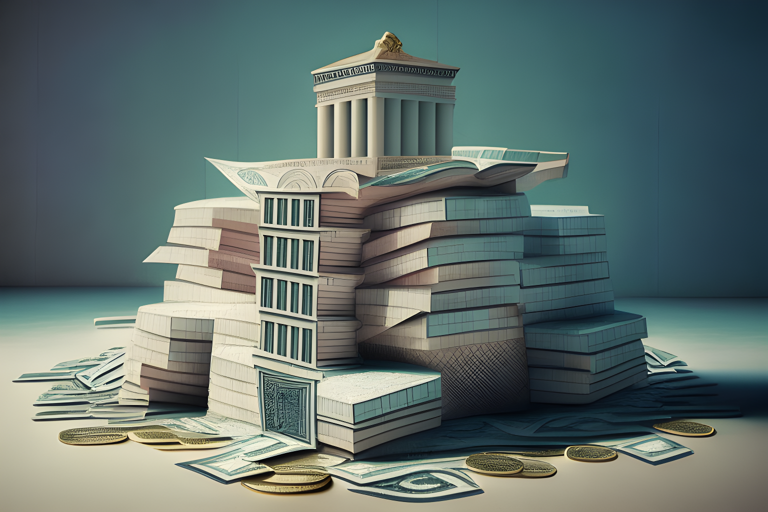 a pile of money in the shape of a building