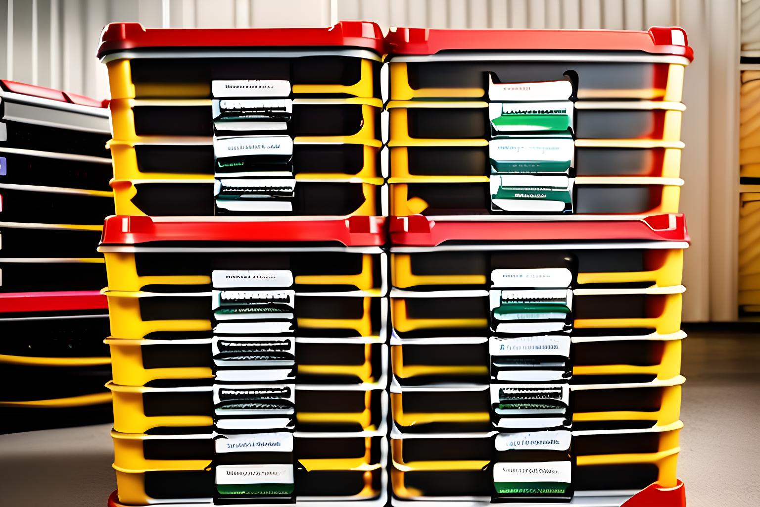 A pile of plastic containers labeled as evidence