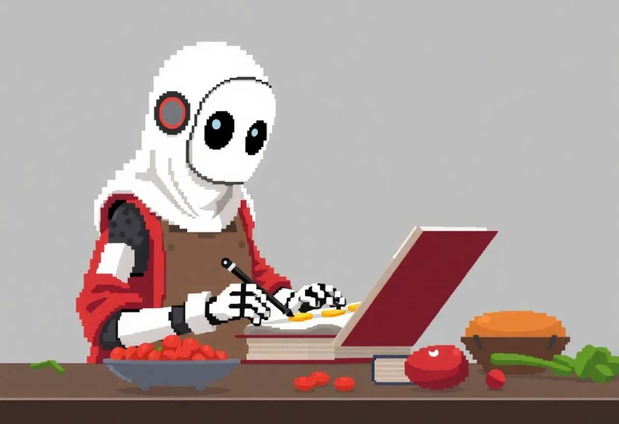 a pixelated ghost robot chef writing her cookbook