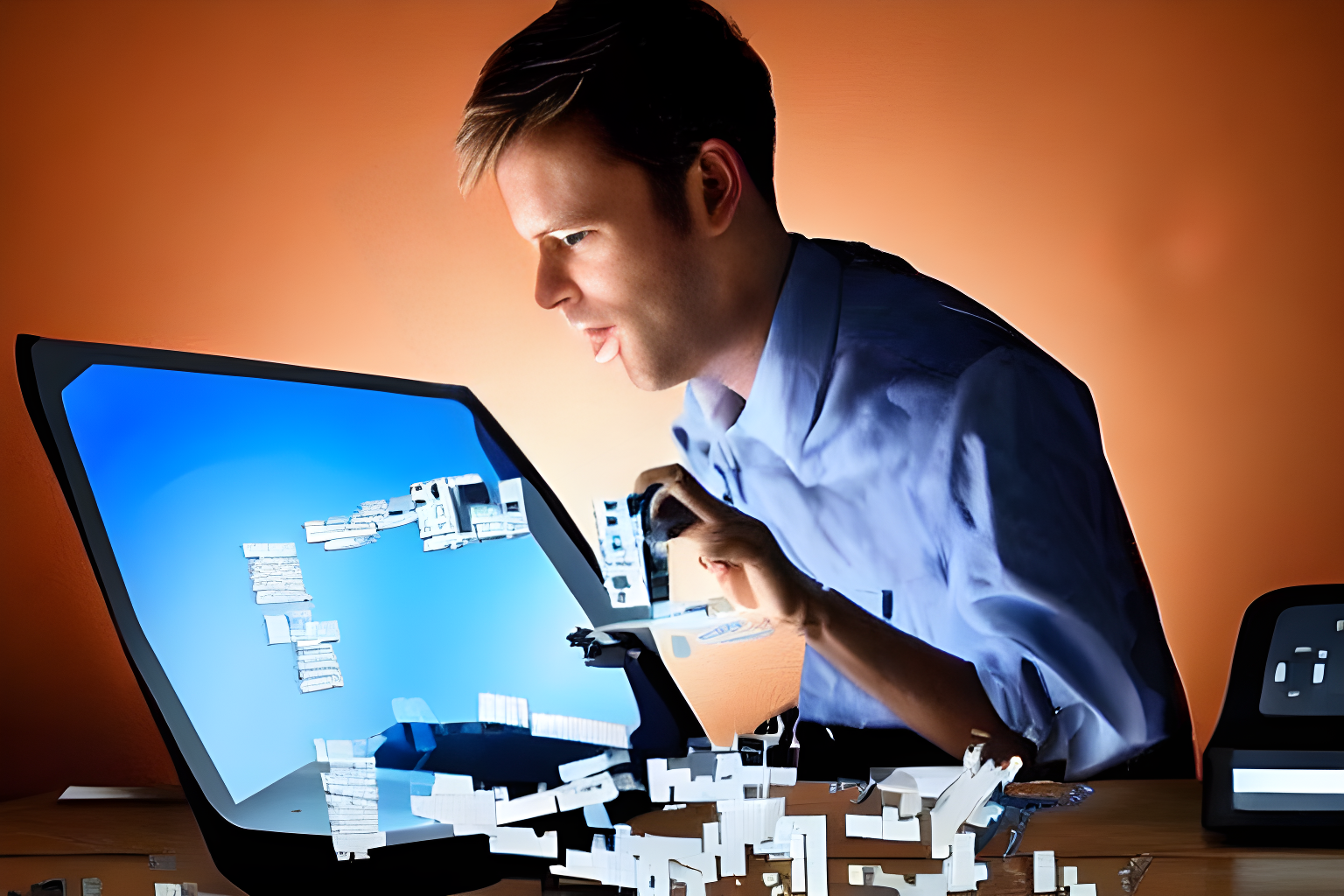 a pixelated man learning about a desktop computer by breaking it apart into pieces and examining it with a magnifying glass