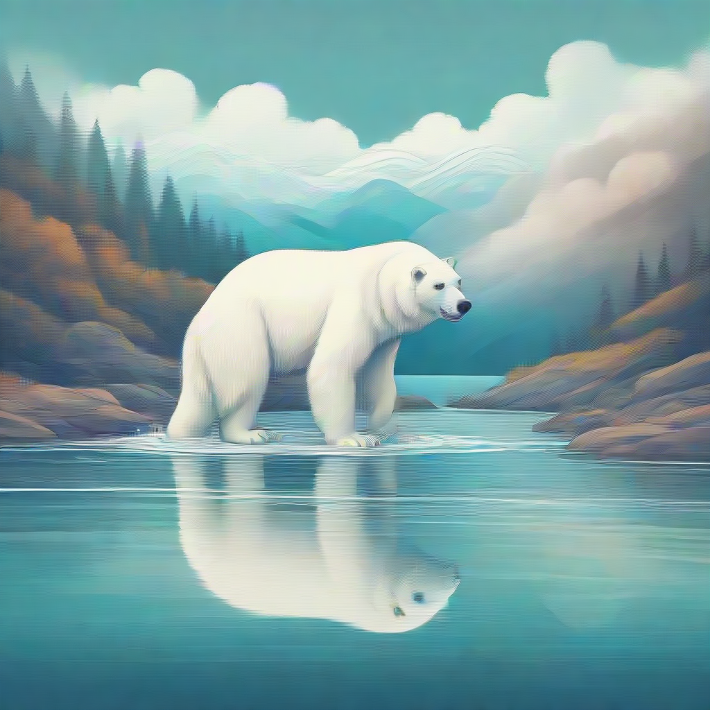a polar bear floating in a river cartoonish