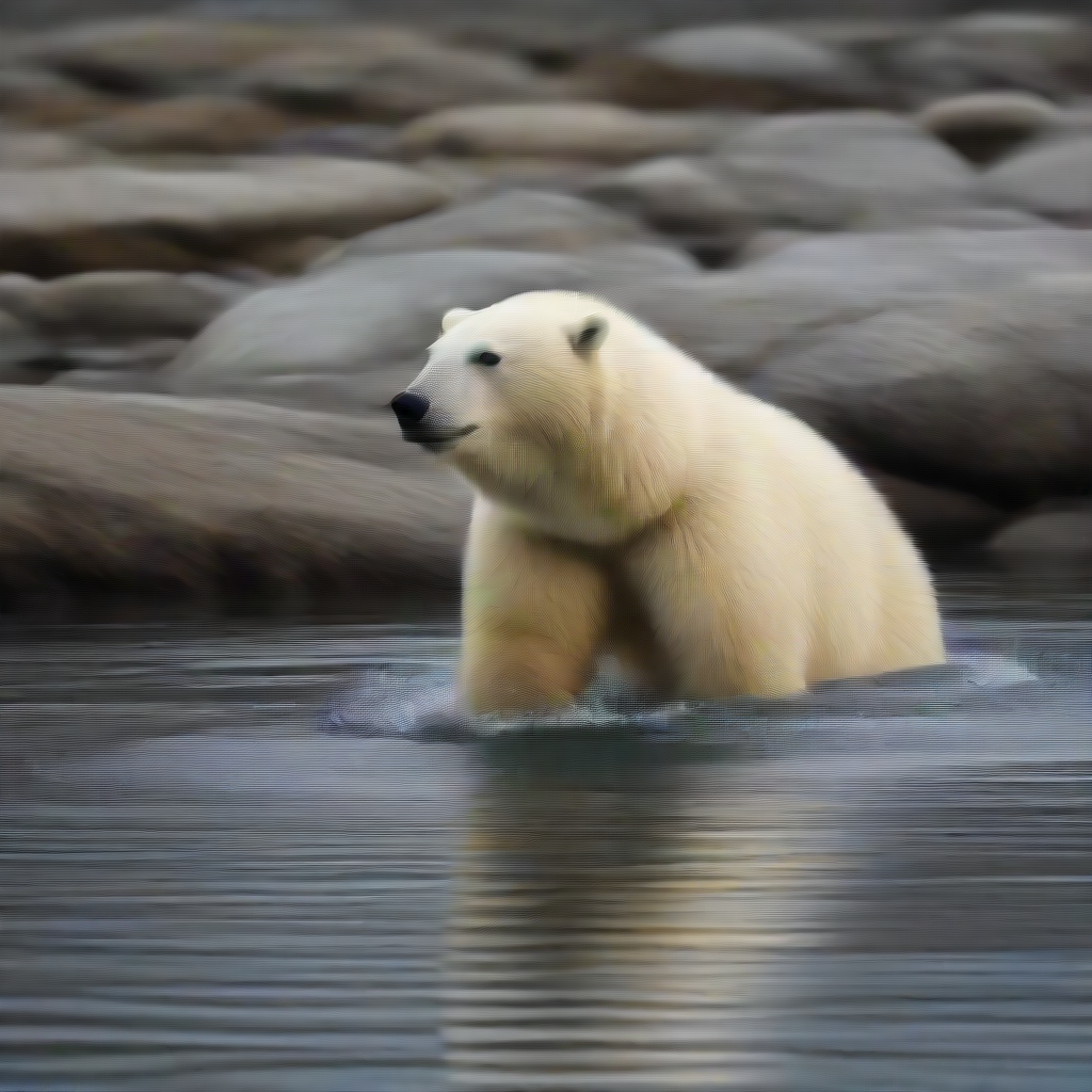 a polar bear floating in a river