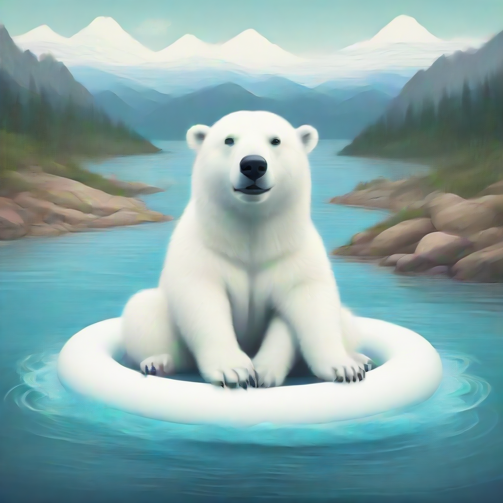 a polar bear on a pool floaty in a river cartoonish