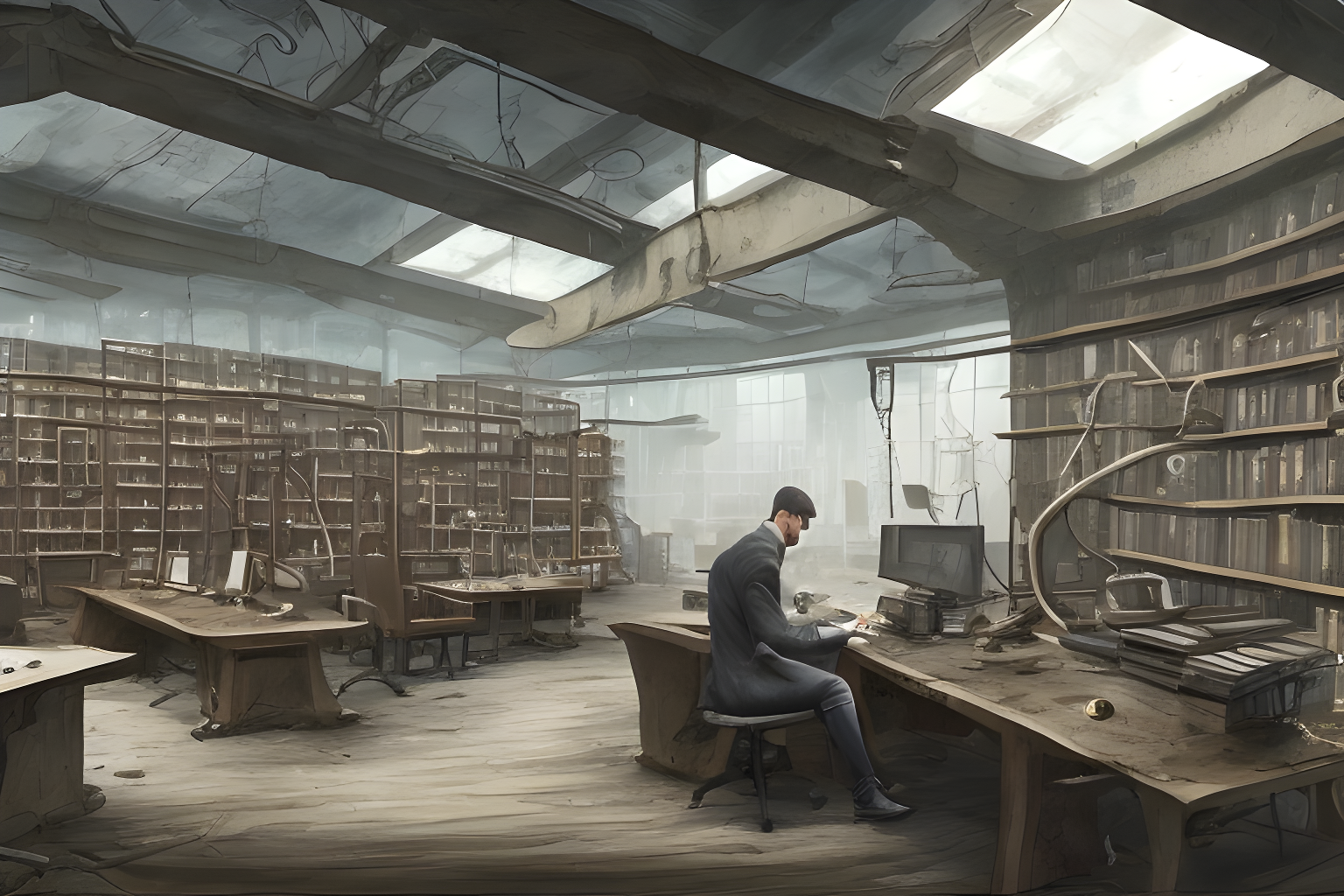 A post-apocalyptic library room. Two computer monitors and a keyboard on a table. A man wearing spectacles is sitting on a chair and typing on the keyboard.