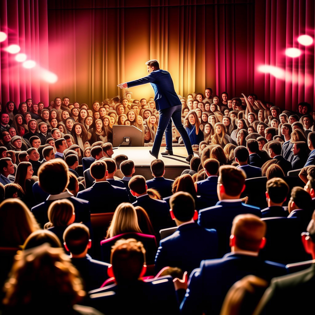 a presenter tripping and falling on stage in front of an audience