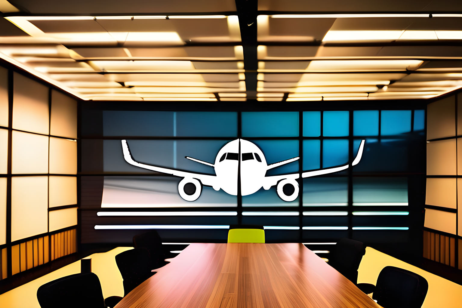 a projected image of an aircraft in a meeting room