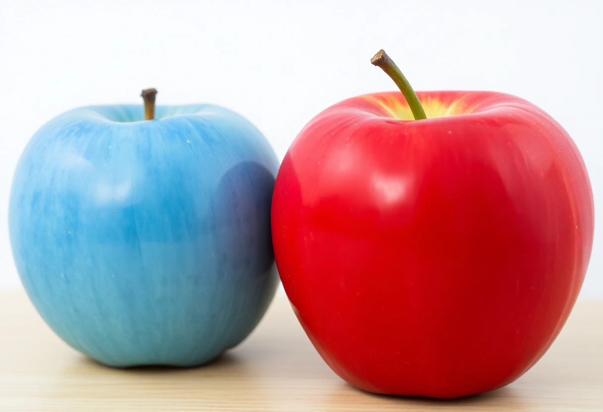 a red apple next to a blue apple