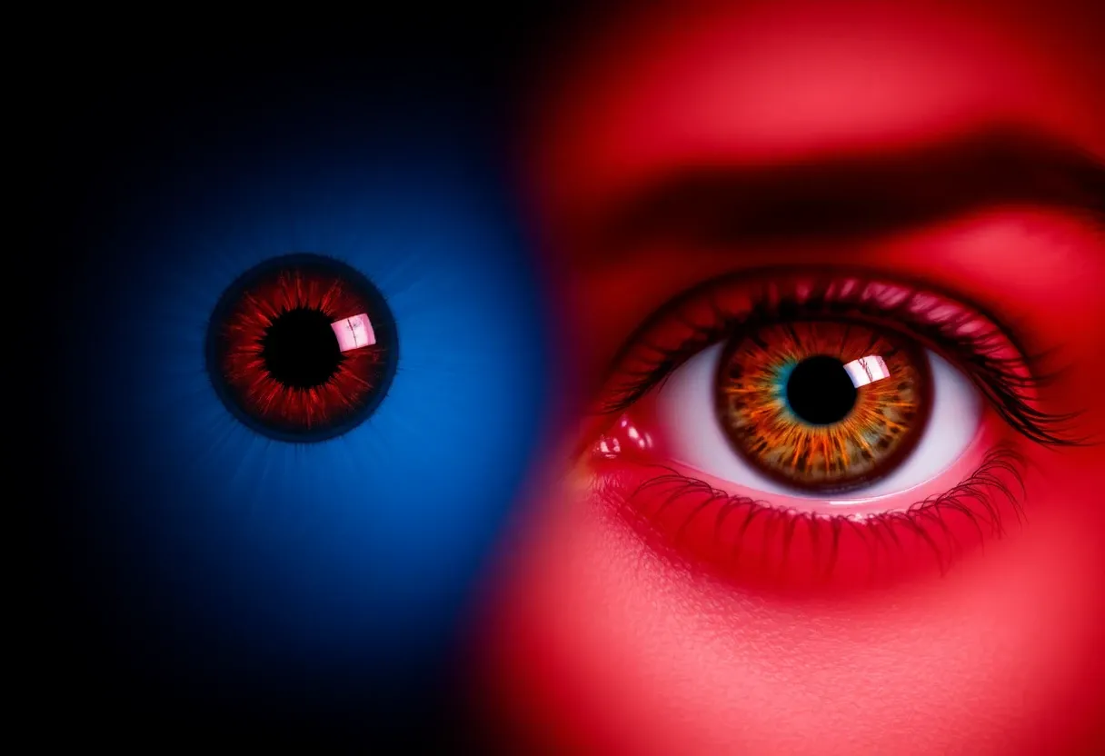 a red eye and a blue one