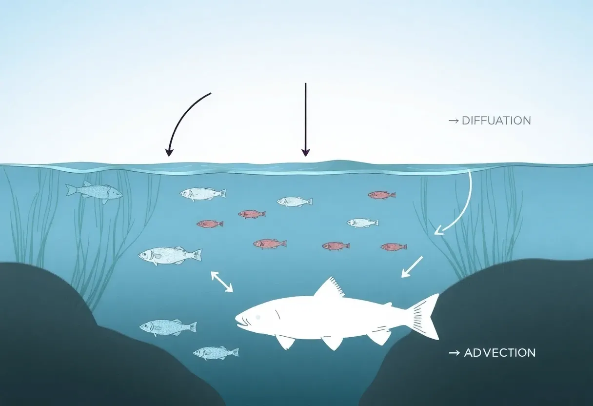 A river ecosystem diagram showing fish or freshwater organisms with arrows representing diffusion and advection.