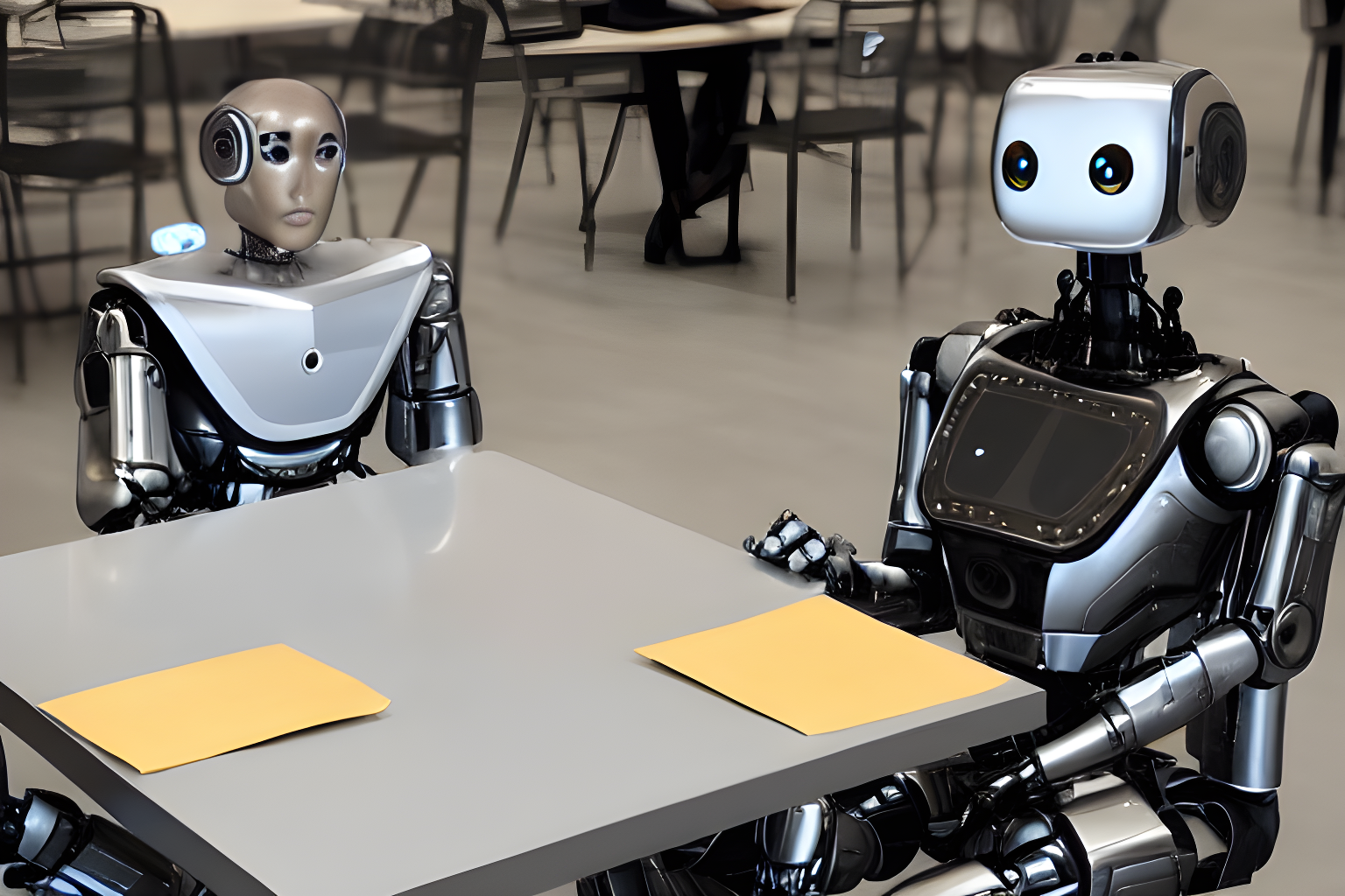 a robot and a human sitting at a table