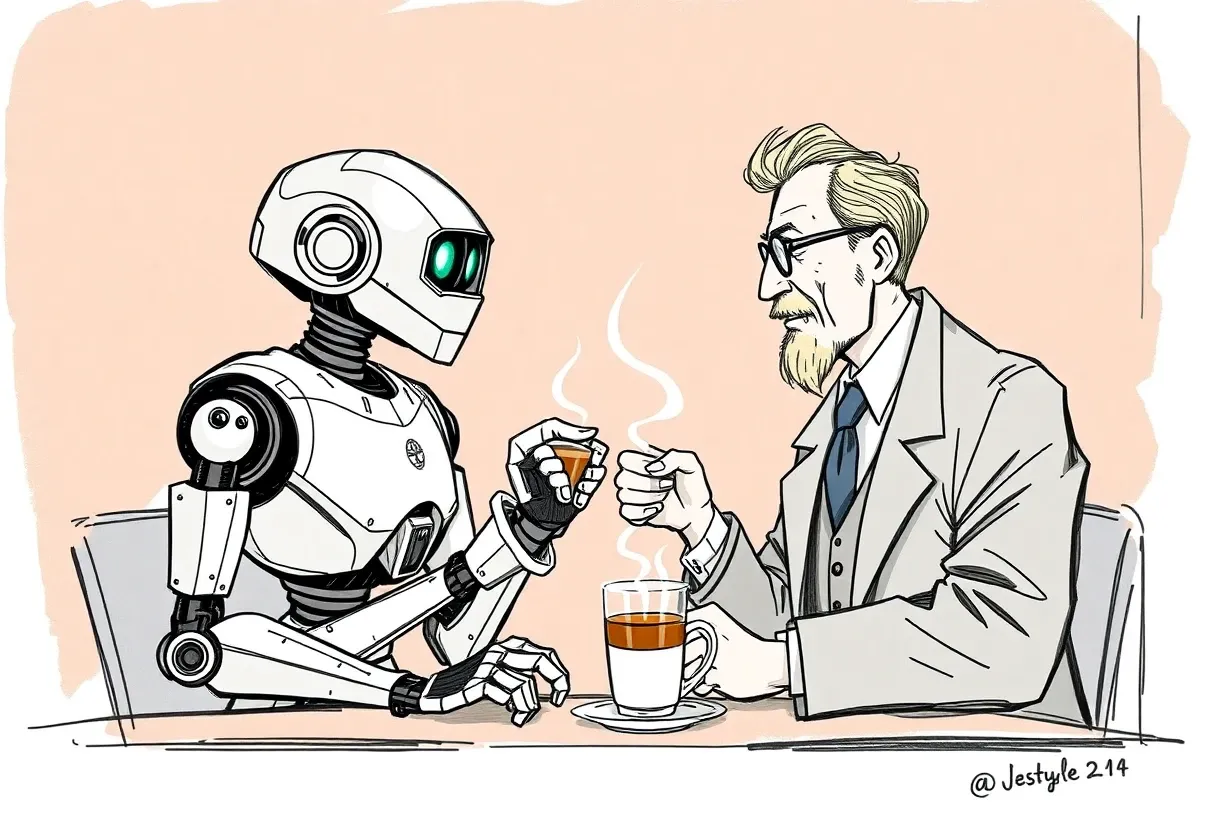 a robot and a professor having a conversation over coffee sketch artstyle