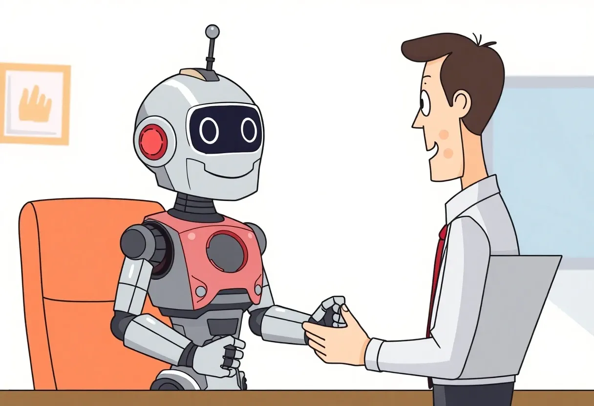 a robot being evaluated by his boss cartoonish