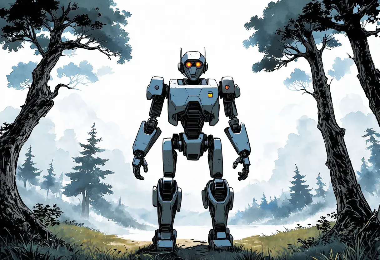 a robot being released into the wilderness sketch artstyle