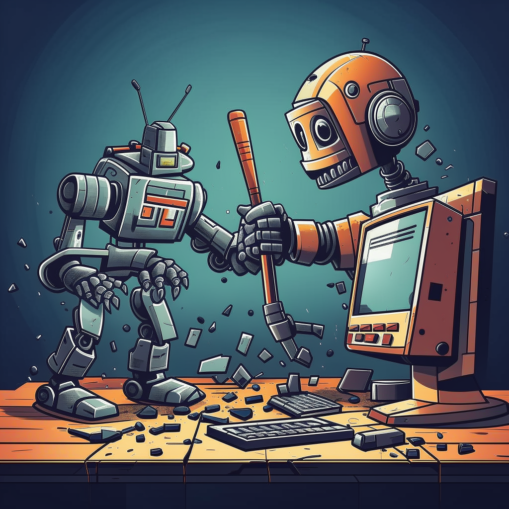 a robot breaking a computer with a baseball bat