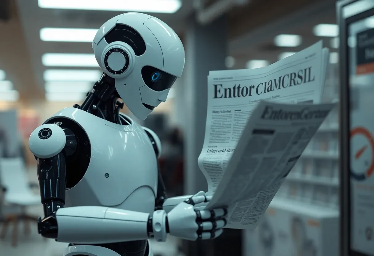 a robot checking a newspaper for quality control