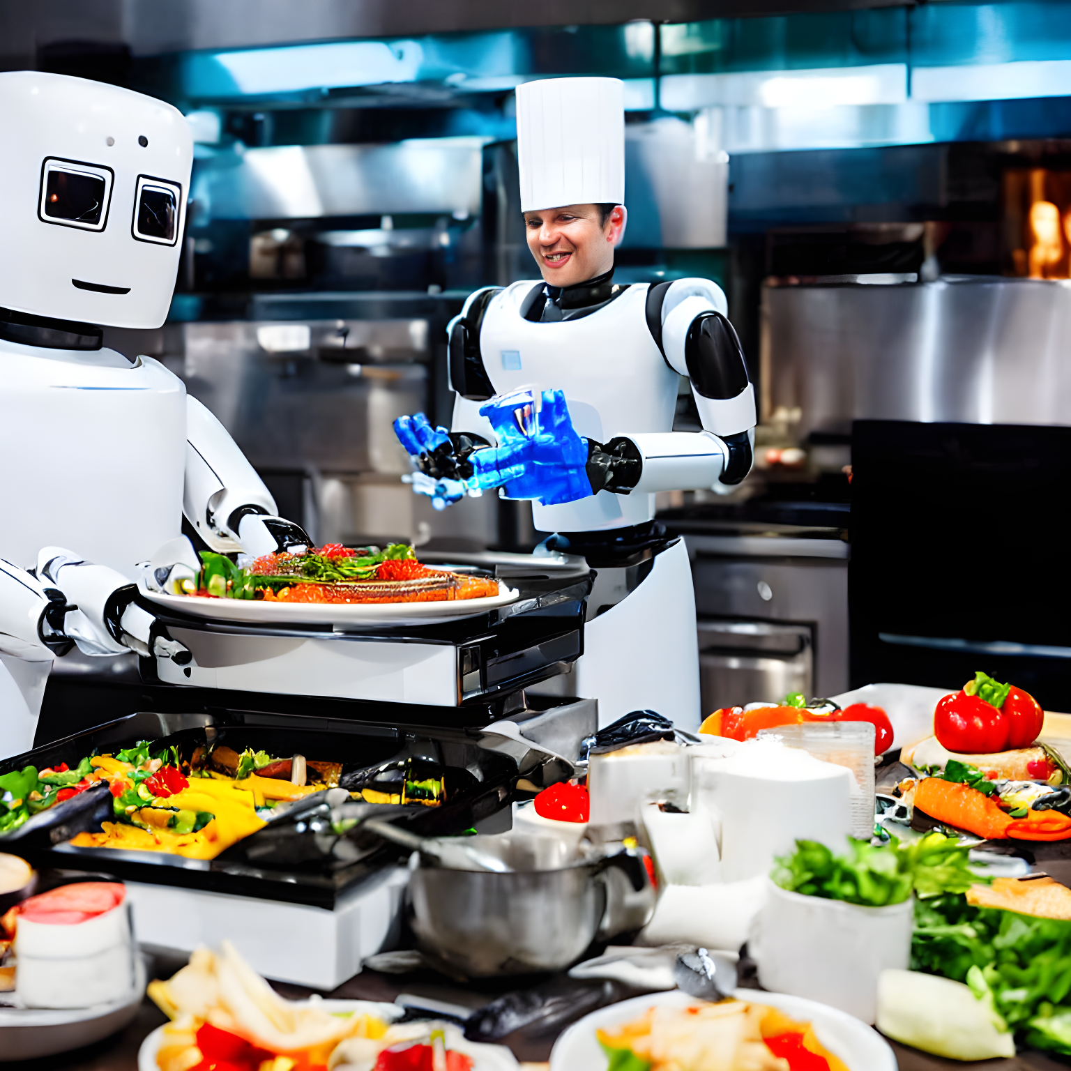 a robot dressed as a chef making dinner for a group of people