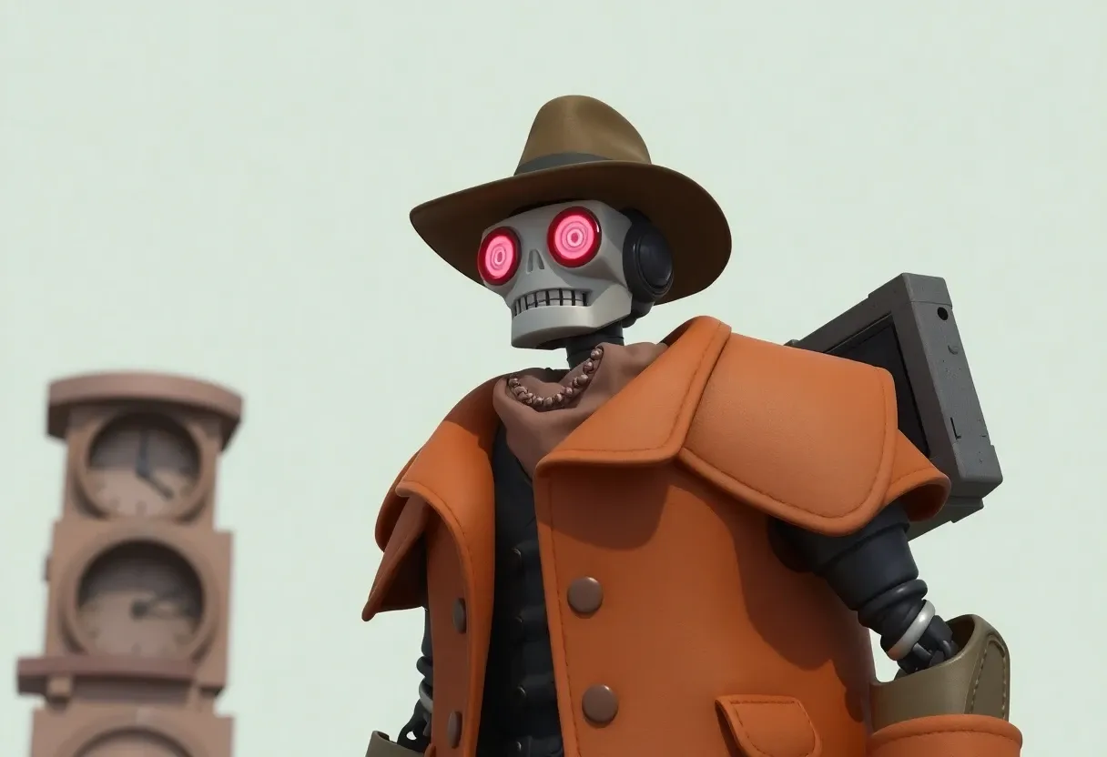 a robot dressed in a big coat and wearing a hat animated