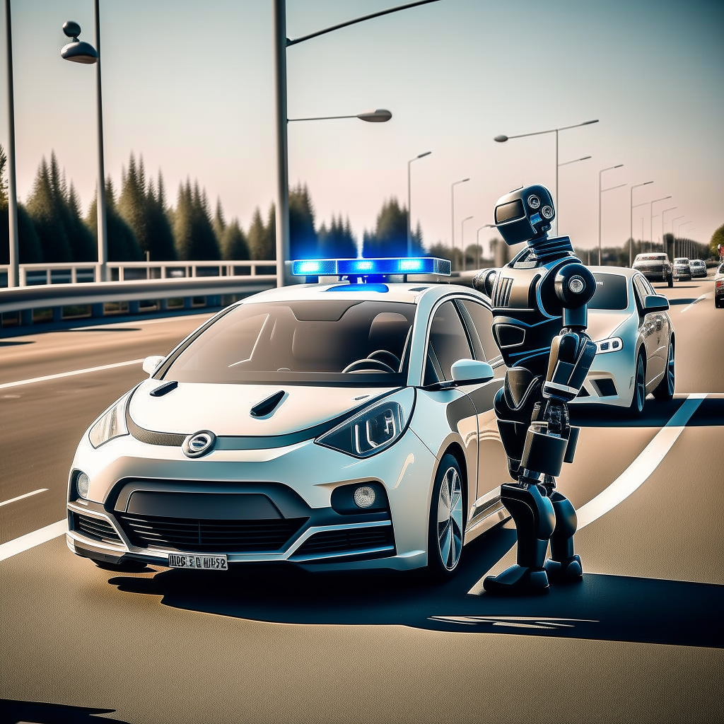 a robot driving a car being stopped at a checkpoint by a police officer
