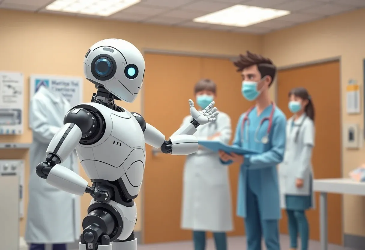 a robot exercising in front of doctors animated