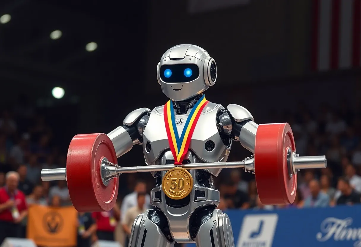 a robot getting gold at a weightlifting competition