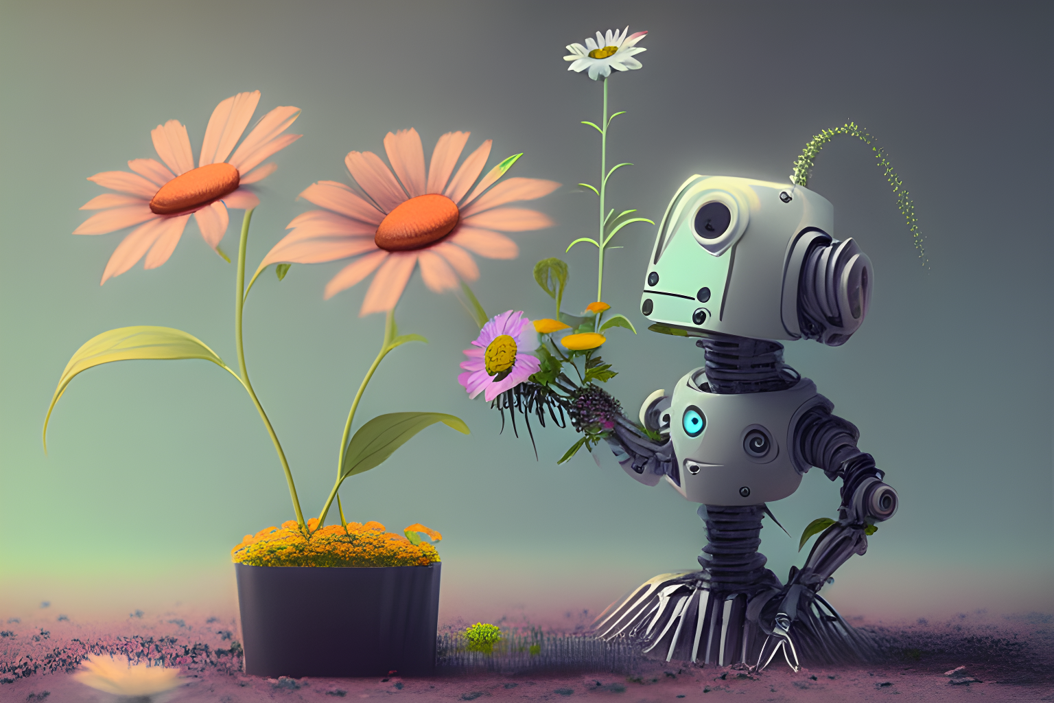 a robot helping a flower grow