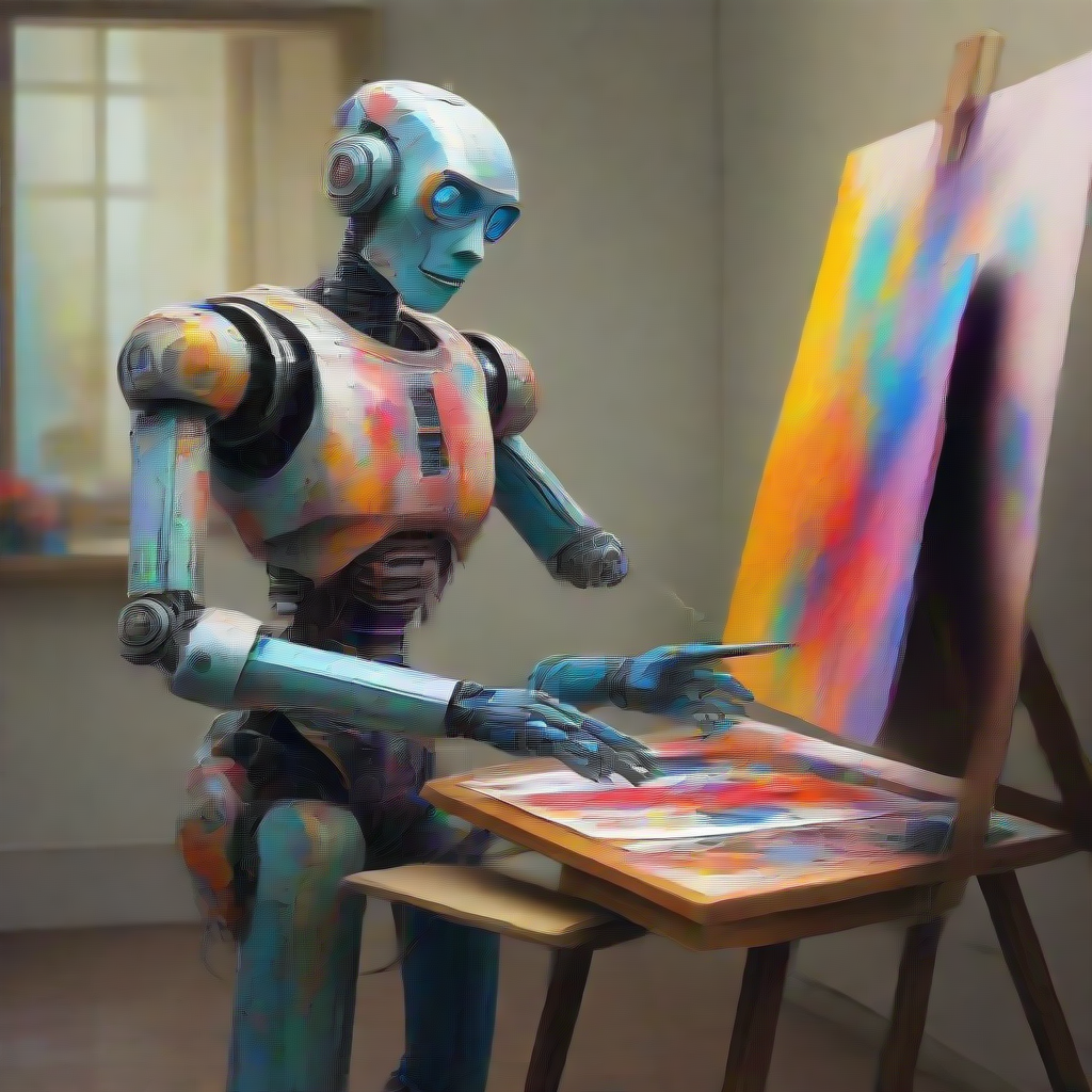 a robot helping you paint a painting colorful