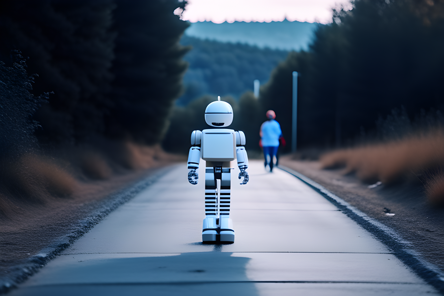 a robot holding the hand of a child and walking down a road