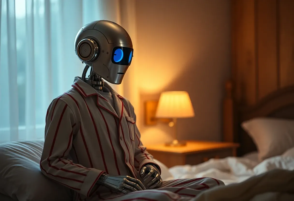 a robot in an old fashioned pajama suit going to bed