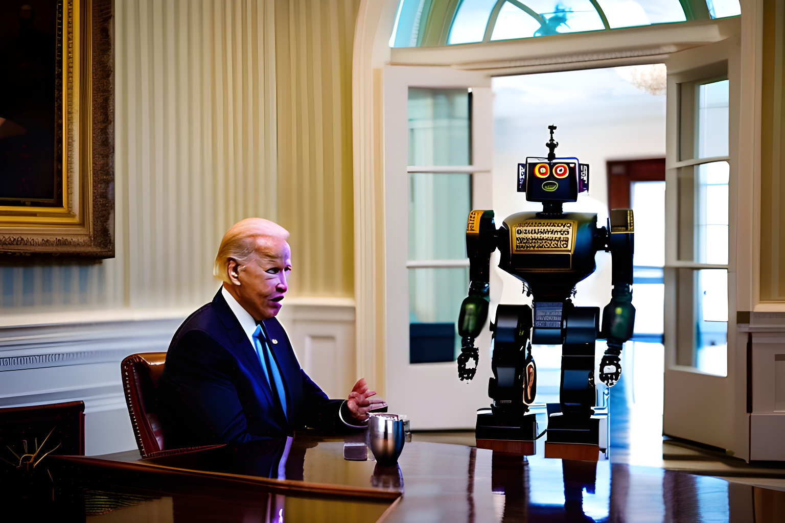 a robot in the whitehouse, joe biden in the background