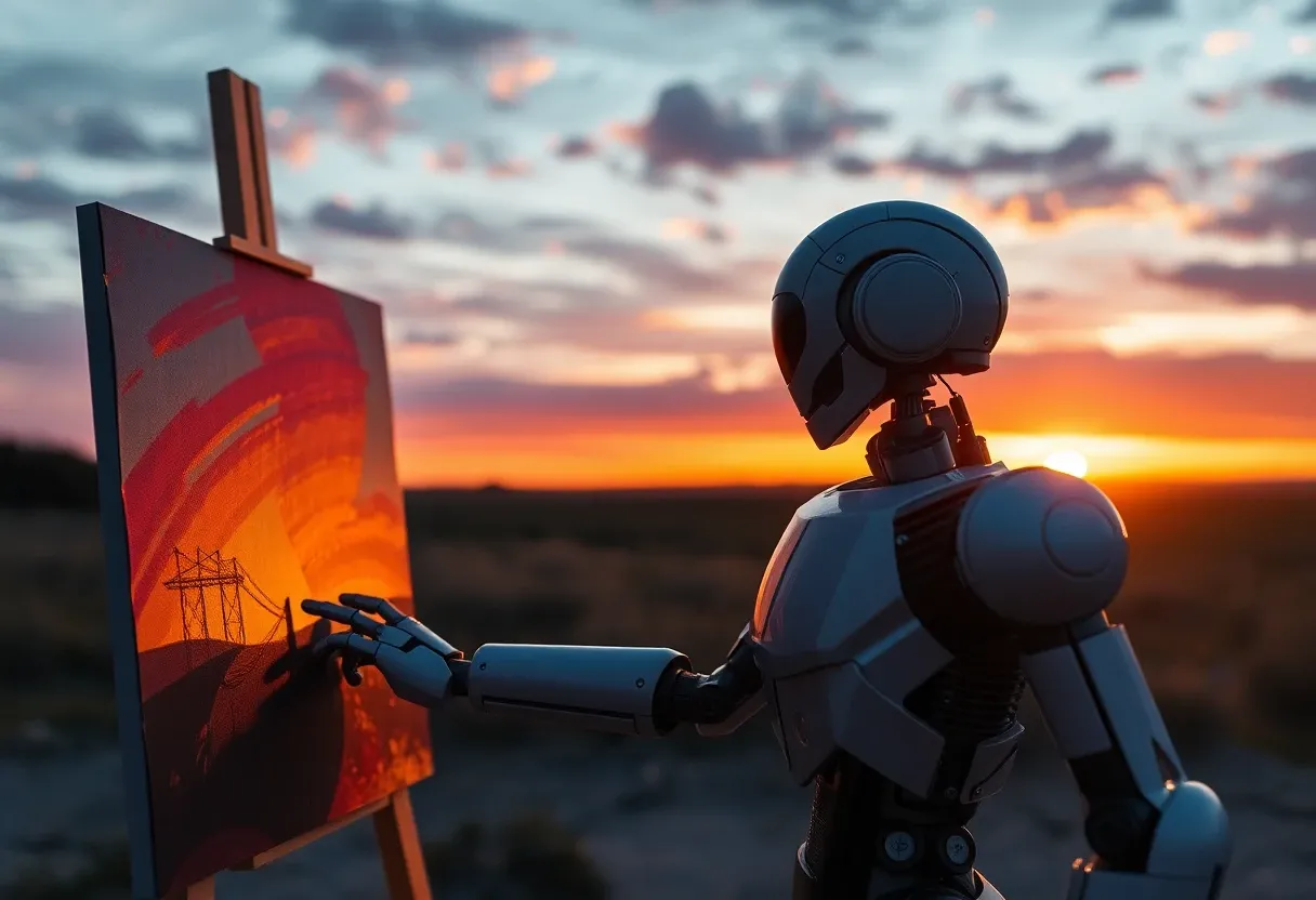 a robot painting and looking at a sunset