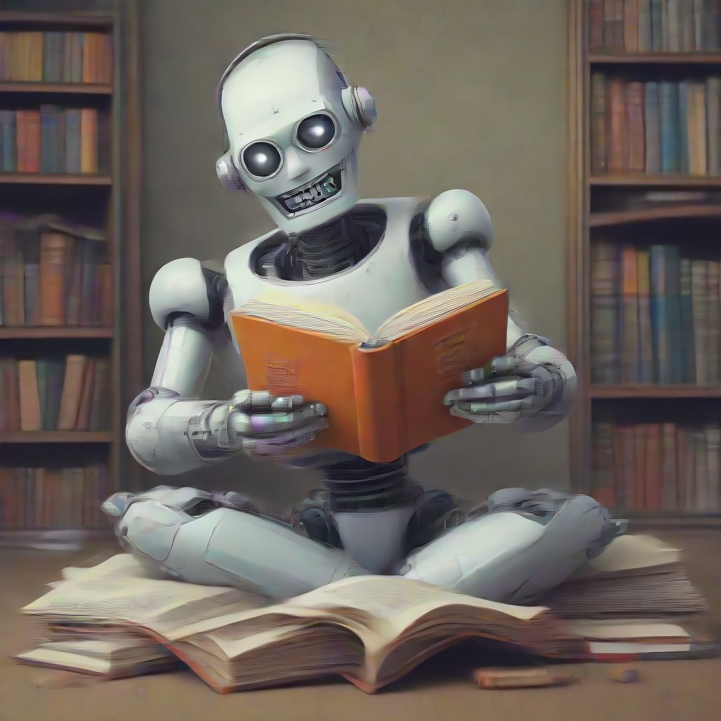 a robot reading a book and laughing