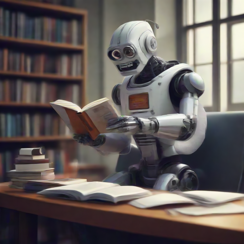 a robot reading a book and laughing