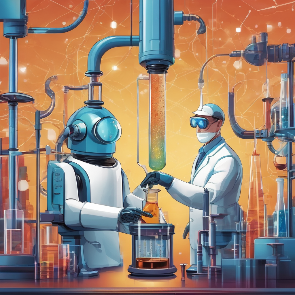 a robot scientist and a human pouring liquid into scientific tubesscientist