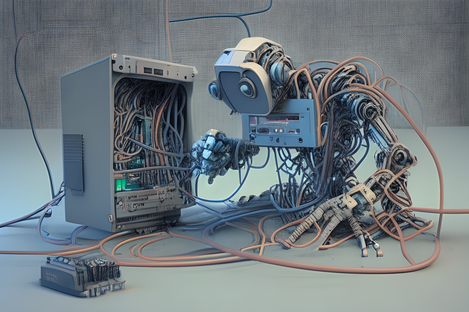 a robot setting up computer cables