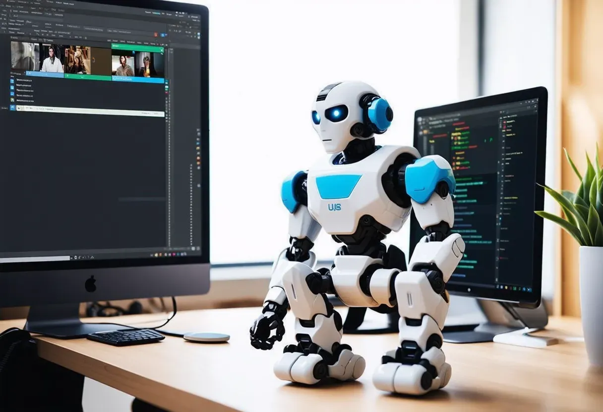 a robot sitting in front of a computer and editing images