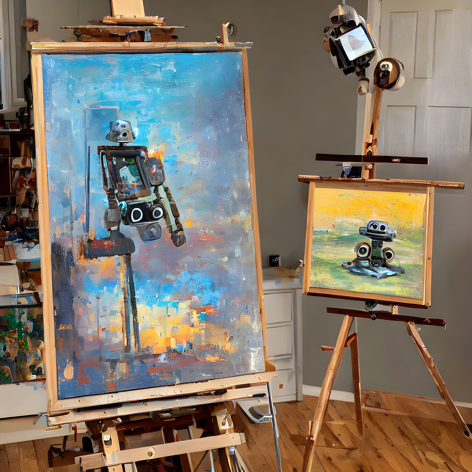 a robot sitting in front of an easel painting a picture