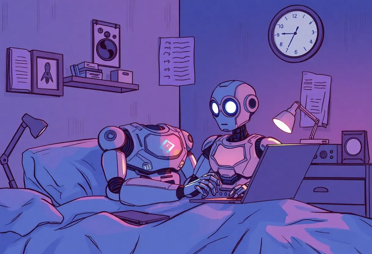 a robot studying in his bedroom late night lo fi sketch color