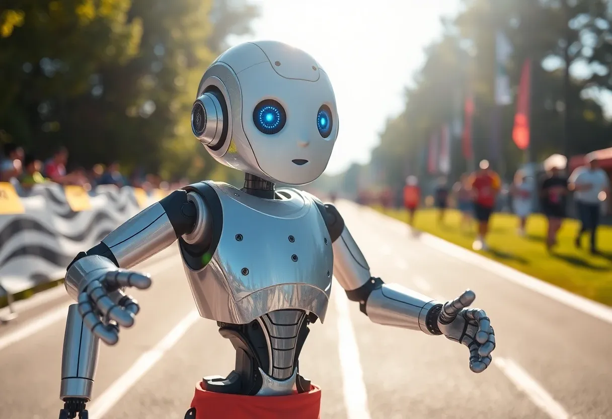 a robot sweating and tired after running a race on a bright and sunny day