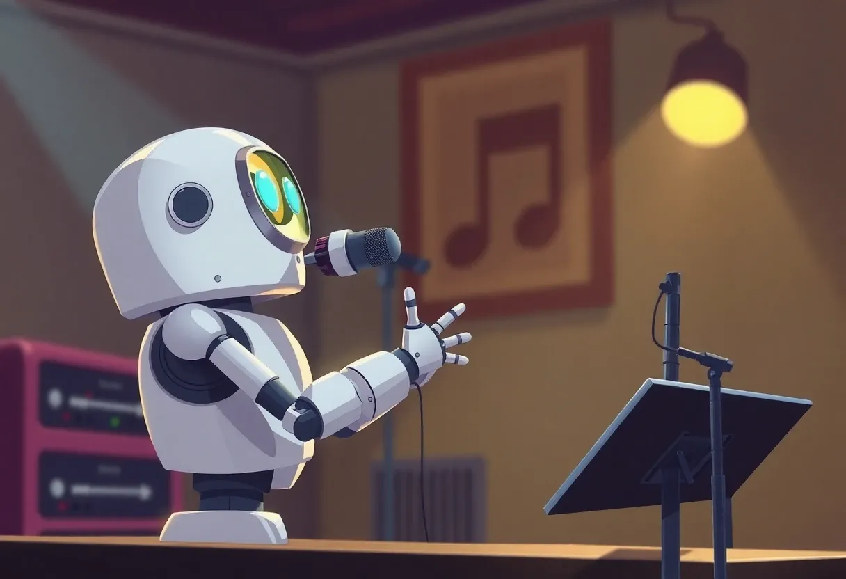 a robot taking singing lessons cartoonish