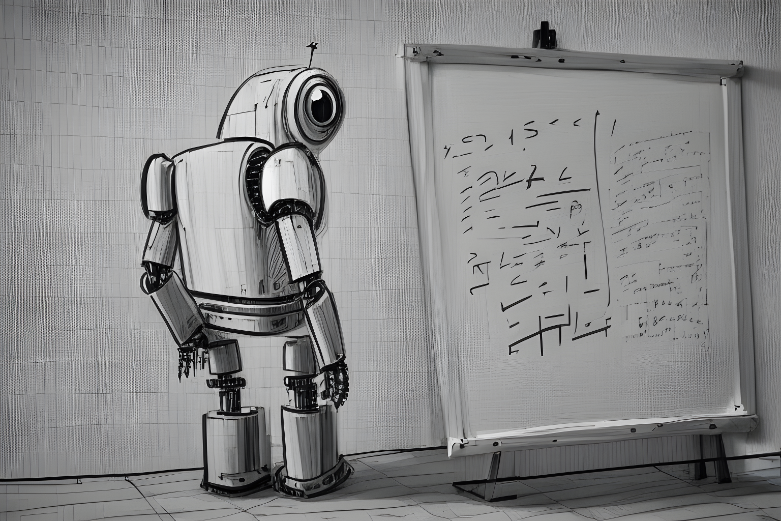 a robot thinking while looking at a whiteboard