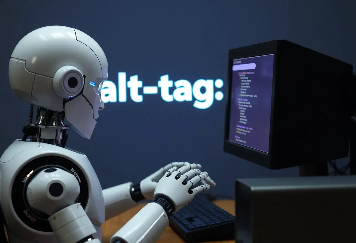 a robot typing at a computer. the screen says "alt-tag"