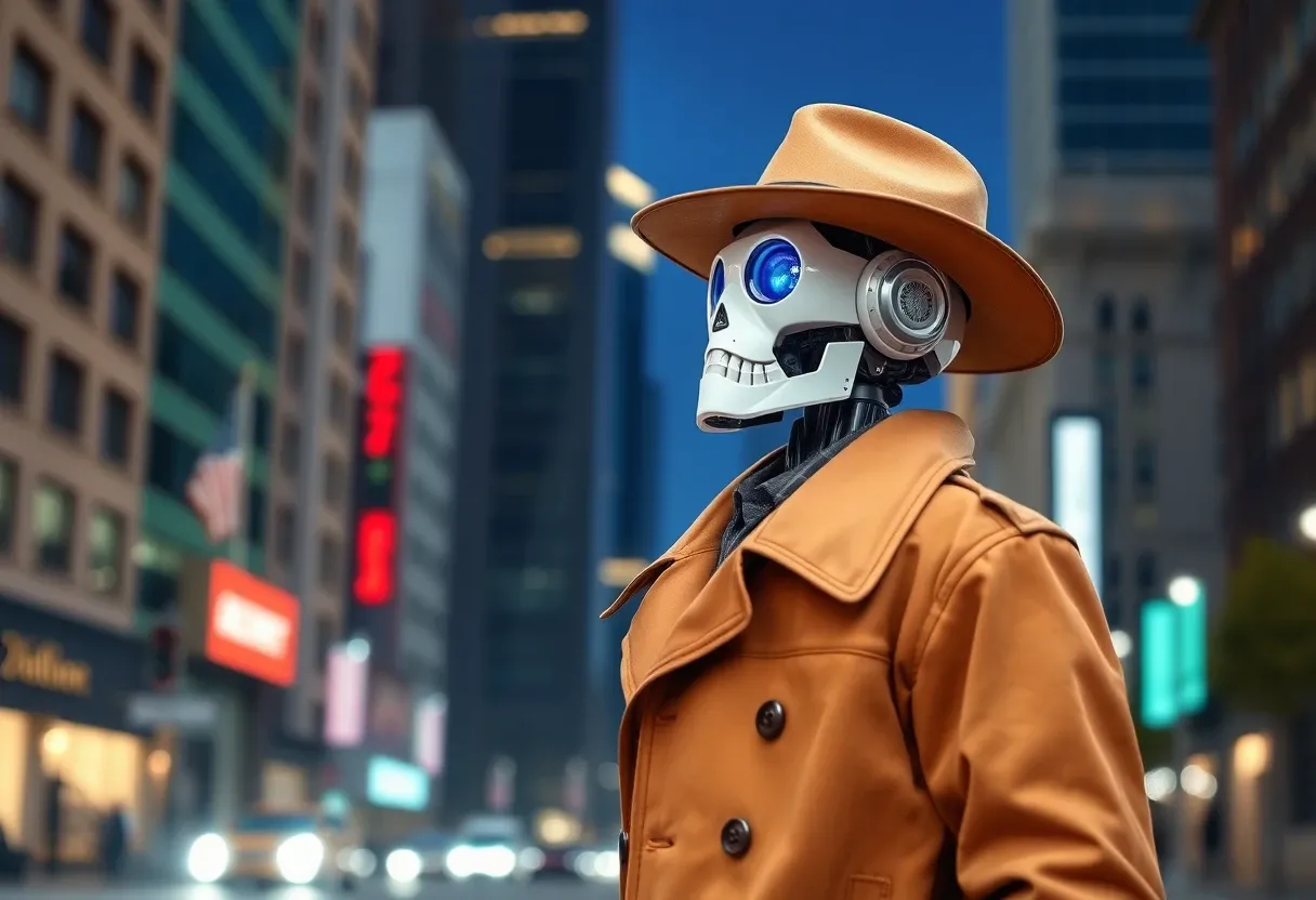 a robot wearing a trenchcoat and a cowboy hat in the city