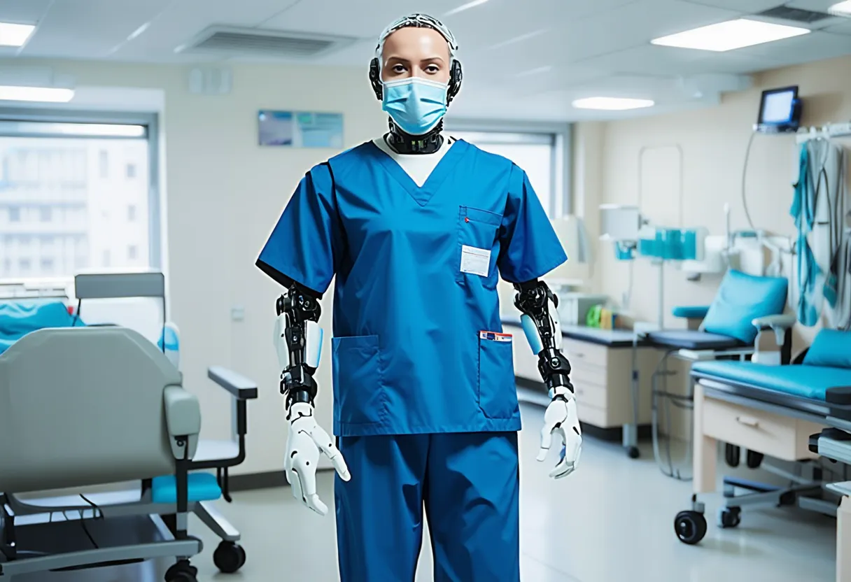 a robot wearing scrubs in a hospital