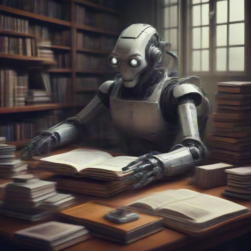a robot with 8 arms writing books