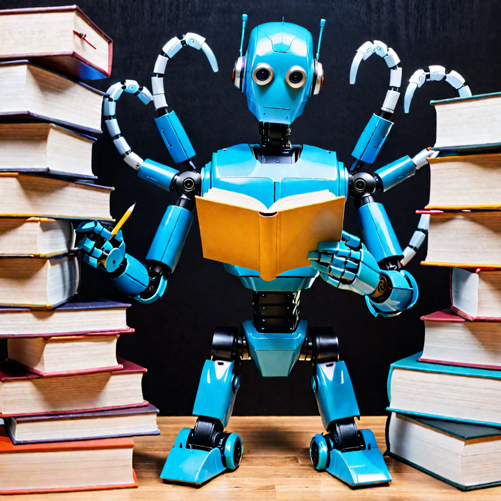 a robot with 8 arms writing multiple books