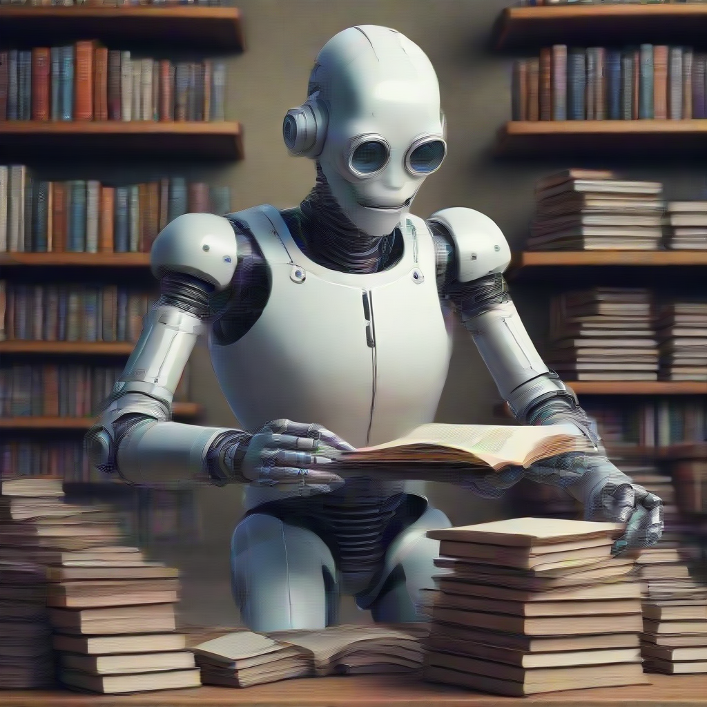 a robot with 8 arms writing multiple books